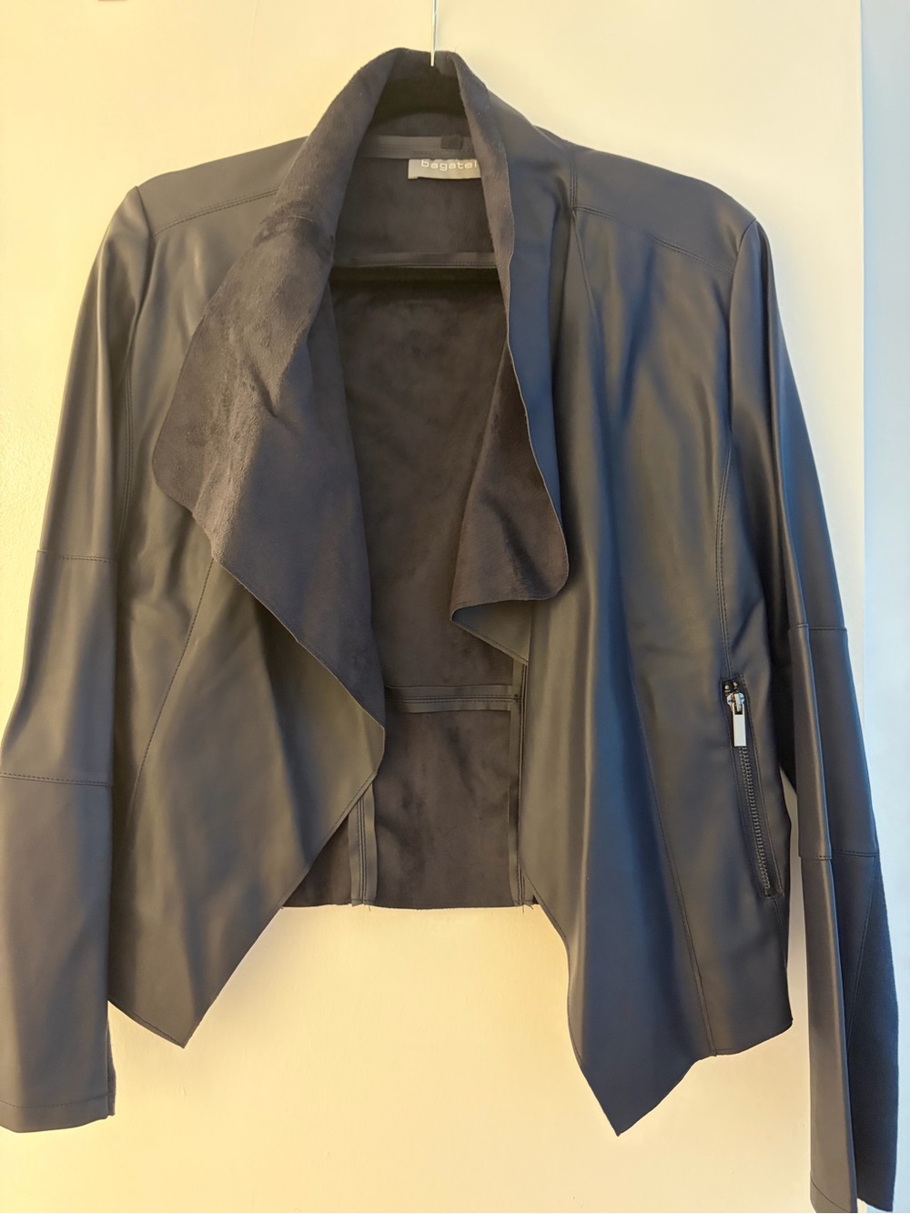 bagatelle Navy Draped Leather Jacket with Suede-Look Lapel